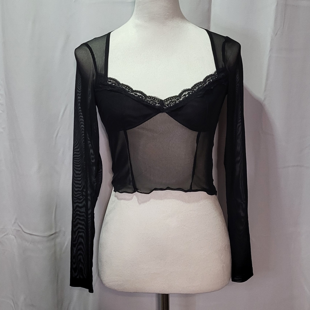 Avanova Women's NWOT Black Sheer Mesh Long Sleeve Crop Top Size Small - Picture 5 of 10